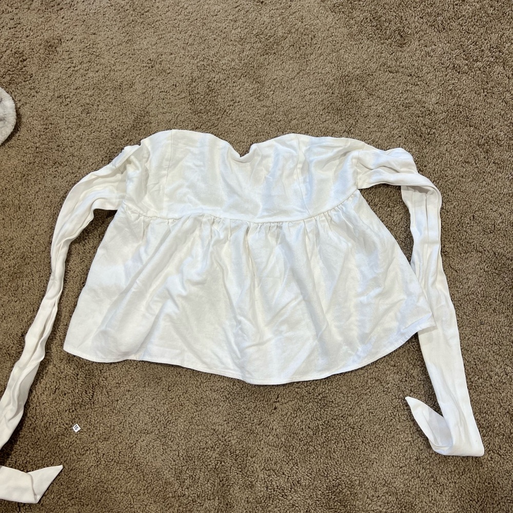 Off-Shoulder White Peplum Tie-Sleeve Top